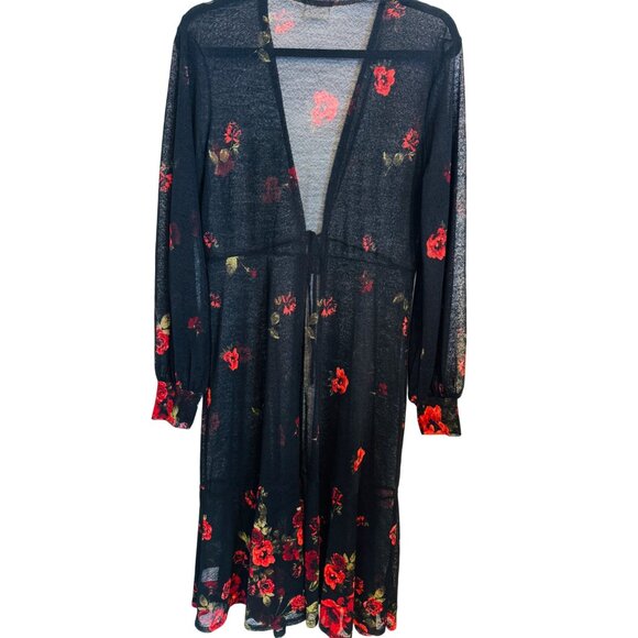 NWOT Ember Medium Black Sheer Floral Duster Cardigan Tie Closure - Picture 7 of 9